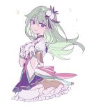  1girl back_bow bow dress frilled_dress frills gloves green_hair hair_flaps hands_up highres kusanagi_nene long_hair low-tied_sidelocks pink_bow project_sekai puffy_short_sleeves puffy_sleeves ryoung476 short_sleeves simple_background skirt solo upper_body violet_eyes white_background white_gloves 