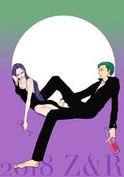  1boy 1girl black_dress black_pants black_shirt bottle dress earrings gradient_background green_background green_hair highres holding holding_bottle jewelry long_hair looking_at_another nico_robin one_piece pants purple_background purple_hair roronoa_zoro scar scar_on_face shirt sitting smile tamago_(tamago009003) 