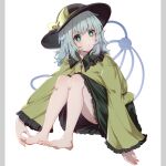  1girl aoi_(annbi) barefoot black_headwear bow expressionless green_eyes green_hair green_skirt highres jacket komeiji_koishi long_sleeves looking_at_viewer sitting skirt sleeves_past_wrists solo toes touhou white_background yellow_bow yellow_jacket 