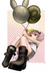  1girl animal_ears balloon black_footwear boots commentary_request expressionless fake_animal_ears foreshortening girls&#039;_frontline_neural_cloud girls_frontline highres holding holding_balloon koohii0530 pink_hair rabbit_balloon shirt short_twintails shorts simple_background sleeveless sleeveless_shirt solo taisch_(neural_cloud) twintails twitter_username visor_cap white_shirt yellow_eyes 