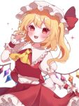  1girl ascot blonde_hair cowboy_shot crystal dress flandre_scarlet hat medium_hair mob_cap open_mouth red_dress red_eyes simple_background siomi_403 solo sparkle touhou white_background yellow_ascot 