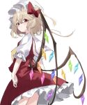  1girl ascot blonde_hair closed_mouth cowboy_shot crystal dress flandre_scarlet from_behind hat highres medium_hair mob_cap red_dress red_eyes simple_background smile solo touhou user_tydd2447 white_background yellow_ascot 