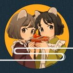  2girls akai_sashimi animal_ears apron artist_name black_eyes black_hair brown_eyes brown_hair brown_kimono cat_ears cat_girl closed_mouth egasumi fingernails food frilled_apron frills hair_bun highres holding holding_food japanese_clothes kimono looking_at_viewer maid_apron multiple_girls original outside_border ramen round_image short_hair upper_body white_apron yellow_background yellow_kimono 