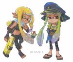  2girls agent_3_(splatoon) agent_3_(splatoon_3) backpack bag bandaged_arm bandages black_pants black_shirt blonde_hair character_name closed_mouth commentary_request crop_top crossed_arms earrings full_body gun hat headphones hero_shot_(splatoon_3) highres holding holding_gun holding_weapon inkling inkling_girl jewelry long_hair miko_(15476997) military_hat multiple_girls orange_eyes pants pointy_ears raised_eyebrows sandals shirt simple_background smallfry_(splatoon) smile splatoon_(series) splatoon_3 splattershot_(splatoon) standing tentacle_hair torn_clothes torn_pants torn_shirt weapon white_background yellow_eyes 