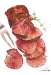  artworksmil beef carving_fork food no_humans original painting_(medium) roast_beef serving_spatula signature slice sliced sliced_meat still_life traditional_media watercolor_(medium) 