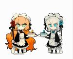  2girls aislan apron back_bow black_dress blue_eyes blue_flower bow cake chibi dress faust_(project_moon) flower food green_eyes hair_flower hair_ornament holding holding_plate ishmael_(project_moon) limbus_company long_hair long_sleeves looking_at_viewer maid maid_headdress multiple_girls orange_hair plate project_moon puffy_long_sleeves puffy_sleeves red_flower short_hair simple_background very_long_hair white_apron white_background white_bow white_hair 
