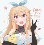  1girl artist_request black_gloves blonde_hair bow bug butterfly character_name elbow_gloves english_text flower gloves hair_bow highres long_hair nijisanji nijisanji_en non-web_source pointy_ears pomu_rainpuff pomu_rainpuff_(1st_costume) red_eyes ribbon smile solo source_request thank_you v 