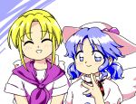  2girls :d ^_^ blonde_hair blue_eyes blue_hair closed_eyes closed_mouth hand_up hat jaggy_lines louise_(touhou) mai_(touhou) mini_wings multiple_girls nonamejd official_style short_hair short_sleeves short_twintails smile touhou touhou_(pc-98) twintails white_headwear white_wings wings zun_(style) 