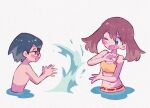  1boy 1girl bikini black_hair blue_eyes blush_stickers brother_and_sister brown_eyes brown_hair child from_side glasses grey_background hands_up heart in_water max_(pokemon) may_(pokemon) medium_hair mgomurainu official_alternate_costume one_eye_closed open_mouth pokemon pokemon_(anime) pokemon_rse_(anime) short_hair siblings sidelocks simple_background smile splashing swimsuit topless_male upper_body water yellow_bikini 