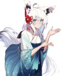  1girl absurdres ahoge animal_ear_fluff animal_ears aqua_eyes blue_hakama blue_kimono braid commentary_request earrings flower flower_knot fox_ears fox_girl gradient_kimono hair_between_eyes hair_flower hair_ornament hakama hakama_skirt high-waist_skirt highres hololive japanese_clothes jewelry kanzashi kimono long_hair obi pentagram red_flower sash shirakami_fubuki shirakami_fubuki_(new_year) side_braid sidelocks single_earring skirt solo ta_shiuji30 tassel tassel_hair_ornament very_long_hair virtual_youtuber white_background white_hair white_kimono 