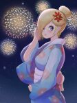  1girl alternate_costume blonde_hair blue_eyes closed_mouth commentary_request earrings eyelashes fireworks flower hair_bun hair_flower hair_ornament hair_over_one_eye highres japanese_clothes jewelry kimono night night_sky pink_lips red_flower rosalina short_hair sky solo standing star_(sky) star_(symbol) star_earrings super_mario_bros. thedarkestuno yukata 