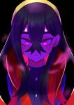  1girl absurdres alternate_eye_color aura black_hair carmine_(pokemon) collared_jacket colored_inner_hair crossed_bangs eyelashes glowing glowing_eyes hair_between_eyes hairband highres jacket kkk_175 lips long_hair looking_at_viewer mole mole_under_eye multicolored_hair neck open_mouth pokemon pokemon_sv portrait school_uniform shaded_face sidelocks simple_background solo upper_body violet_eyes yellow_hairband 