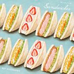  blue_background commentary_request cream egg_(food) food food_focus fruit fruit_sandwich lettuce may_illust5 original sandwich still_life strawberry tonkatsu translation_request 