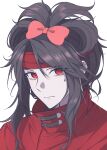  1boy absurdres black_hair bow cloak closed_mouth final_fantasy final_fantasy_vii gongju_s2 hair_bow headband highres long_hair portrait red_cloak red_eyes red_headband redhead simple_background solo sweatdrop vincent_valentine white_background 