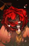  1girl 1other ascot black_dress blood blood_on_hands brown_eyes brown_hair dress fingernails flower hand_on_own_stomach highres kkia long_hair long_sleeves parted_lips red_flower red_rose rose solo_focus teardrop umineko_no_naku_koro_ni upside-down ushiromiya_rosa white_ascot 