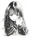  1girl akebi-chan_no_serafuku akebi_komichi blush closed_mouth greyscale hatching_(texture) highres hiro_(dismaless) holding holding_pencil long_hair long_sleeves monochrome pencil school_uniform serafuku shadow signature simple_background solo upper_body 