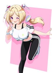  1girl ;d absurdres aki_rosenthal asanaya bent_over blonde_hair blush bob_cut character_name copyright_name crop_top detached_hair dot_nose drop_shadow eyelashes hand_up highres hololive hololive_dance_practice_uniform index_finger_raised leg_up legs_folded long_hair looking_at_viewer low_twintails midriff navel off-shoulder_shirt off_shoulder official_alternate_costume one_eye_closed open_mouth pants parted_bangs pink_background shirt shoes short_hair smile sneakers solo standing standing_on_one_leg sweatband teeth track_pants twintails upper_teeth_only violet_eyes virtual_youtuber white_background white_footwear white_shirt wristband 