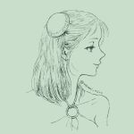  1girl bare_shoulders bun_cover character_request closed_mouth collarbone green_theme hai_to_no_monogatari hair_bun halterneck looking_to_the_side medium_hair nemui_usio o-ring portrait profile simple_background single_side_bun sketch smile solo twitter_username 