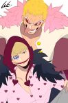  2boys blonde_hair brothers coat coat_on_shoulders donquixote_doflamingo donquixote_rocinante earrings feather_coat fur_coat hair_slicked_back hat heart heart_print highres hood jewelry looking_at_viewer makeup male_focus multiple_boys oh_no_66 one_piece open_mouth pink_coat red_hood shirt short_hair siblings smile sunglasses tinted_eyewear white-framed_eyewear white_shirt 