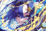 1girl absurdres artist_name asymmetrical_bangs beamed_eighth_notes black_hairband blue_eyes blue_hair close-up dated eighth_note eye_focus floating_hair hair_intakes hair_ornament hairband highres lilac_(k32420276) long_hair looking_at_viewer musical_note parted_lips reverse:1999 signature solo sparkling_eyes splatter star_(symbol) star_hair_ornament very_long_hair voyager_(reverse:1999) water_drop white_background 