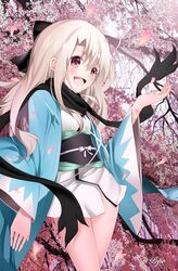  1girl black_bow blush bow breasts cherry_blossoms cosplay fate/grand_order fate/kaleid_liner_prisma_illya fate_(series) hair_bow haori highres illyasviel_von_einzbern japanese_clothes kimono koha-ace long_hair long_sleeves obi okita_souji_(fate) okita_souji_(koha-ace) okita_souji_(koha-ace)_(cosplay) open_mouth pei_iriya petals red_eyes sash short_kimono sidelocks small_breasts smile solo thighs tree white_hair white_kimono wide_sleeves 