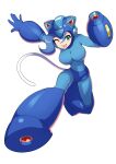  1girl absurdres animal_ears arm_cannon armor blue_bodysuit blue_hair bodysuit cat_ear_helmet cat_ears commission cosplay fang felicia_(vampire) green_eyes helmet highres mega_man_(character) mega_man_(character)_(cosplay) mega_man_(classic) mega_man_(series) one_eye_closed open_mouth shoutaro_saito solo vampire_(game) weapon 