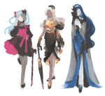  3girls black_dress black_gloves blue_hair cane closed_mouth dark-skinned_female dark_skin dress full_body gloves highres king_of_greed knight_of_despair lobotomy_corporation long_hair long_sleeves multiple_girls project_moon puffy_long_sleeves puffy_sleeves queen_of_hatred shanhujiao simple_background sketch sleeveless sleeveless_dress smile two_side_up umbrella very_long_hair white_background white_hair yellow_eyes 