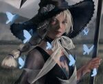  black_dress blue_butterfly bug butterfly dress gold_eyes hat holding holding_staff hollizho long_hair sheer_sleeves snake staff tattoo witch witch_hat 