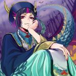  1boy bat_(animal) black_hair blue_robe castle chinese_clothes commentary_request dragon_horns fence hat_feather head_rest horns jack-o&#039;-lantern jewelry lilia_vanrouge long_sleeves looking_at_viewer male_focus multicolored_hair necklace official_alternate_costume okurabaakaa purple_hair purple_sky robe signature sketch sky smile solo squatting streaked_hair swimsuit twisted_wonderland twitter_username violet_eyes 
