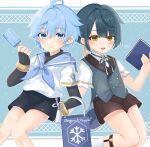  2boys bishounen black_gloves black_sleeves blue_eyes blue_hair blue_neckerchief blue_shorts blue_vest book brown_shorts chongyun_(genshin_impact) closed_mouth earrings food genshin_impact gloves highres holding holding_book holding_food holding_popsicle jewelry long_sleeves looking_at_viewer male_focus miuna_gnip multiple_boys neckerchief open_mouth popsicle shirt short_hair shorts single_earring smile tassel tassel_earrings vest white_shirt xingqiu_(genshin_impact) yellow_eyes 