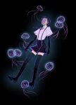  1other absurdres androgynous black_background black_gloves black_hair black_necktie black_shorts black_thighhighs bort elbow_gloves floating floating_clothes full_body gem_uniform_(houseki_no_kuni) gloves highres houseki_no_kuni jellyfish light_particles looking_up necktie oo0mog0oo other_focus parted_lips purple_hair shoes short_hair short_sleeves shorts skort soles solo submerged suspender_shorts suspenders thigh-highs very_short_hair 