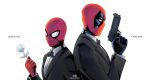  2boys absurdres artist_name black_bow black_bowtie black_gloves bow bowtie character_name chikidney collared_jacket collared_shirt deadpool facing_to_the_side flower gloves gun handgun highres holding holding_flower holding_gun holding_weapon jacket male_focus marvel mask multiple_boys peter_parker red_gloves shirt spandex spider-man spider-man_(series) suit superhero tuxedo upper_body weapon white_background 