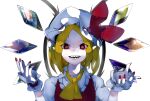  1girl ascot backlighting blonde_hair bow collared_shirt crazy_eyes crystal flandre_scarlet frilled_shirt_collar frills hat hat_bow hat_ribbon ikurauni looking_at_viewer medium_hair mob_cap multicolored_wings nail_polish pointy_ears puffy_short_sleeves puffy_sleeves red_bow red_eyes red_nails red_ribbon red_vest ribbon sharp_teeth shirt short_sleeves simple_background solo teeth touhou vest white_background white_headwear white_shirt wings wrist_cuffs yellow_ascot 