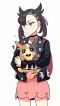  1girl :d ? absurdres animal asymmetrical_bangs backpack bag black_choker black_hair black_jacket black_nails blush bright_pupils choker dress earrings gegegekman green_eyes highres holding holding_animal jacket jewelry looking_to_the_side marnie_(pokemon) morpeko morpeko_(full) multicolored_fur pink_dress pokemon pokemon_(creature) shy smile twintails upper_body white_background 