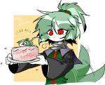 1other adagumo_no_saragimaru black_sleeves cake closed_mouth colored_skin commentary_request english_text food frown gift_art green_hair green_shirt hair_between_eyes happy_birthday holding holding_cake holding_food len&#039;en ling_s long_sleeves no_nose other_focus ponytail red_eyes shirt slit_pupils snake_tail tail tail_wagging upper_body white_skin wide_sleeves 
