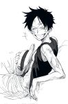  1boy black_hair closed_eyes green_hair greyscale hat highres looking_at_viewer male_focus monkey_d._luffy monochrome one_piece scar scar_on_chest scar_on_face shirt shorts smile straw_hat teeth yayarunaway 