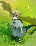  1girl antlers blonde_hair blue_dress blue_shirt dragon_girl dragon_horns dragon_tail dress highres horns kicchou_yachie red_eyes rome35793562 shirt short_hair square_neckline tail touhou turtle_shell yellow_horns 