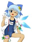 1girl ;d blue_bow blue_hair blue_one-piece_swimsuit blue_wings blush_stickers bow cirno fairy flat_chest flower hair_bow hair_flower hair_ornament hand_up ice ice_wings light_blue_hair morning_glory name_tag neck_ribbon nonamejd official_style one-piece_swimsuit one-piece_tan one_eye_closed open_clothes open_mouth open_shirt pink_flower puffy_short_sleeves puffy_sleeves ribbon school_swimsuit shirt short_hair short_sleeves simple_background smile solo sunflower sunflower_hair_ornament swimsuit tan tanline_peek tanlines touhou undone_neck_ribbon v white_background white_shirt wings yellow_flower zun_(style) 