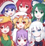  6+girls :3 :d animal_ears asymmetrical_hair beret black_bow blonde_hair blue_eyes blue_hair blue_headwear bow bowtie closed_mouth collared_shirt commentary doremy_sweet dress fang flandre_scarlet frilled_sleeves frills green_dress green_eyes green_hair hair_between_eyes hair_bobbles hair_ornament hand_on_headwear hand_on_own_cheek hand_on_own_face hand_up hat hat_bow high_collar index_finger_raised long_hair long_sleeves looking_at_viewer lop_rabbit_ears mima_(touhou) mob_cap multiple_girls nightcap okazaki_yumemi one_eye_closed open_mouth orange_(touhou) orange_hair orange_headwear orange_shirt pinafore_dress puffy_short_sleeves puffy_sleeves purple_hair rabbit_ears red_bow red_eyes redhead reisen_udongein_inaba scratching_cheek shinki_(touhou) shirt short_hair short_sleeves side_ponytail simple_background sleeveless sleeveless_dress smile soooooook2 sweat symbol-only_commentary touhou touhou_(pc-98) upper_body v white_background white_bow white_hair white_headwear wide_sleeves 