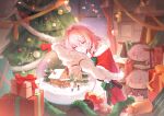  1girl absurdres alternate_costume artist_name black_thighhighs chinese_commentary christmas christmas_present christmas_tree closed_eyes commentary_request gift hair_intakes highres honkai:_star_rail honkai_(series) kelebing long_sleeves march_7th_(honkai:_star_rail) medium_hair pink_hair santa_costume sleeping smile thigh-highs window window_blinds zettai_ryouiki 