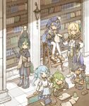  &gt;_&lt; 3boys 3girls :d :o ahoge animal_ear_fluff animal_ears animal_hat aqua_hair asymmetrical_sleeves black_gloves black_hair black_headwear black_pants black_ribbon blonde_hair blue_eyes blue_footwear blue_hair blue_pants blue_sash blue_sleeves blush book book_stack bookshelf boots bracelet bridal_gauntlets bright_pupils brown_eyes cape capelet capri_pants card chair closed_eyes closed_mouth collei_(genshin_impact) commentary_request crop_top cross-laced_footwear crossed_arms crossed_bangs cyno_(genshin_impact) dark-skinned_male dark_skin detached_sleeves drawstring dress drill_hair drill_sidelocks earrings egyptian_clothes fake_animal_ears faruzan_(genshin_impact) feather_hair_ornament feathers fox_boy fox_ears fox_tail genius_invokation_tcg genshin_impact gloves green_capelet green_eyes green_hair hair_between_eyes hair_ornament hair_over_one_eye hand_on_own_hip hand_up hat hat_ribbon highres holding holding_book holding_paper hood hood_down hood_up hoodie indoors jackal_ears jewelry kaveh_(genshin_impact) lace-up_boots ladder layla_(genshin_impact) long_hair long_sleeves looking_at_another looking_to_the_side medal medium_hair multicolored_clothes multicolored_hair multiple_boys multiple_girls on_ladder one_eye_covered open_book open_mouth pants pantyhose paper parted_bangs playing_card puffy_detached_sleeves puffy_long_sleeves puffy_sleeves purple_sash red_cape red_eyes ribbon sash scroll shadow shionosuke shirt short_hair short_sleeves sidelocks single_earring sitting sleeveless sleeveless_dress smile standing streaked_hair sweatdrop swept_bangs table tail tighnari_(genshin_impact) tile_floor tiles twintails usekh_collar very_long_hair vision_(genshin_impact) white_dress white_hair white_pantyhose white_pupils white_shirt x_hair_ornament yellow_eyes 
