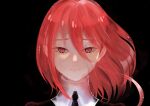  1other absurdres androgynous black_background black_necktie cinnabar_(houseki_no_kuni) crying floating_hair gem_uniform_(houseki_no_kuni) hair_between_eyes highres houseki_no_kuni light_smile long_hair_between_eyes looking_at_viewer necktie oo0mog0oo other_focus portrait red_eyes red_theme redhead short_hair solo straight-on 