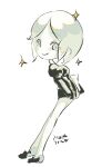  1other androgynous bare_legs dated elbow_gloves from_behind from_side full_body gem_uniform_(houseki_no_kuni) gloves holding holding_notepad houseki_no_kuni leaning_forward looking_at_viewer looking_back monochrome notepad other_focus phosphophyllite puffy_short_sleeves puffy_sleeves shoes short_hair short_sleeves solo standing yawo 