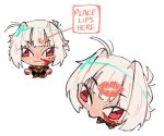  1girl :3 ahumansandwich armor blood blood_on_clothes blood_on_face blood_on_hands cape chibi choppy_bangs english_text hair_intakes lipstick_mark lipstick_mark_on_forehead meme messy_hair myo_(project_moon) orange_cape place_lips_here_(meme) project_moon red_eyes simple_background solo white_background white_hair 
