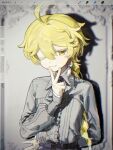  1boy aether_(genshin_impact) ahoge alternate_costume arm_behind_back art_tools_in_frame bad_id bad_twitter_id blonde_hair braid cho_kooooo collared_shirt commentary earrings genshin_impact grey_shirt hair_between_eyes highres jewelry long_hair looking_at_viewer male_focus one_eye_closed orange_eyes shadow shirt simple_background single_braid single_earring solo symbol-only_commentary v very_long_hair 