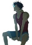  1boy bad_id bad_twitter_id black_hair buttons hat highres invisible_chair looking_to_the_side male_focus monkey_d._luffy one_piece profile red_shirt scar scar_on_face shirt shorts sitting sleeveless sleeveless_shirt solo wudus6 