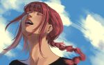  1girl bimbee_1106 black_shirt blue_sky chainsaw_man closed_eyes clouds day highres long_hair makima_(chainsaw_man) open_mouth outdoors ponytail portrait redhead shirt sky solo teeth upper_teeth_only 