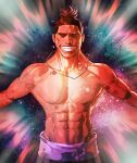  2boys abs biceps brown_hair closed_eyes closed_mouth collarbone cowboy_shot deltoids emphasis_lines facing_viewer forehead galaxy grin groin hair_pulled_back hieumay highres hip_bones itadori_yuuji jewelry jujutsu_kaisen large_pectorals lats lips locket male_focus multiple_boys muscular navel necklace nose outstretched_arms overexposure pectorals pendant purple_sash sash smile solo standing stomach straight-on teeth thick_neck topless_male toudou_aoi_(jujutsu_kaisen) trapezius v-taper 