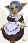  1girl absurdres apron artist_name black_dress blue_eyes blue_hair blue_lips blush clothes_lift colored_skin curtsey detached_collar dress dress_lift earrings eyebrow_piercing female_goblin freckles goblin green_skin heterochromia highres jewelry looking_at_viewer maewix_(artist) maid maid_apron narrowed_eyes orange_eyes original piercing pointy_ears smile solo white_apron wrist_cuffs 