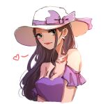  1girl black_hair blue_eyes commentary dress duckprotector26 earrings english_commentary hat heart jewelry long_hair looking_at_viewer nico_robin one_piece purple_dress purple_ribbon red_lips ribbon sidelocks simple_background smile solo upper_body white_background white_headwear 